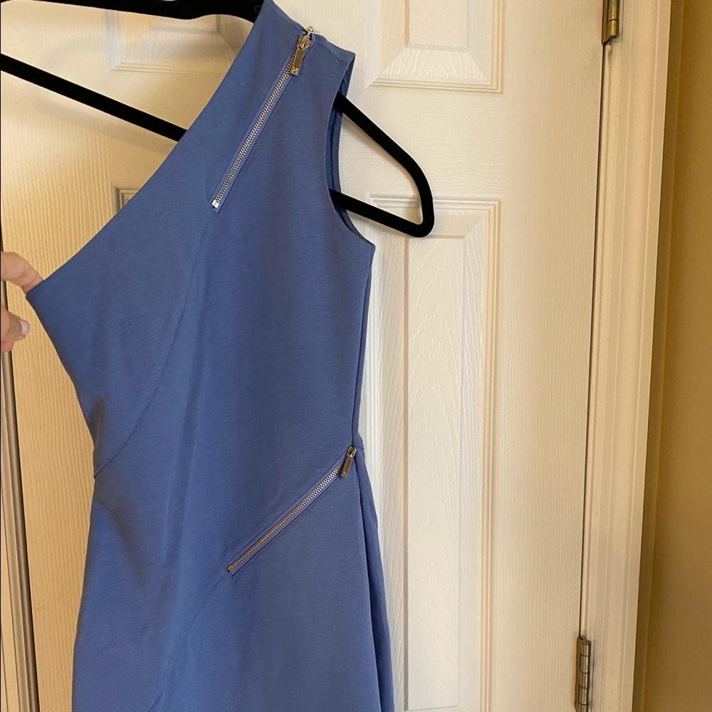 Halston Heritage One Shoulder Galaxy Blue Jersey zip dress. Size 0